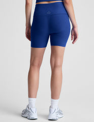 blue high-waisted 5" inseam biker shorts.