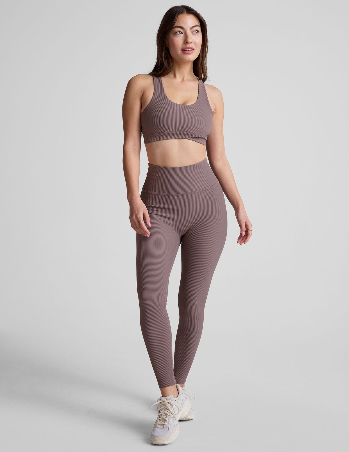 brown midi length ribbed leggings with a 4" waistband. 