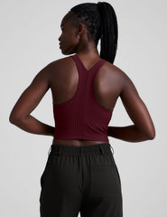 red ribbed high-neck cropped racerback tank.