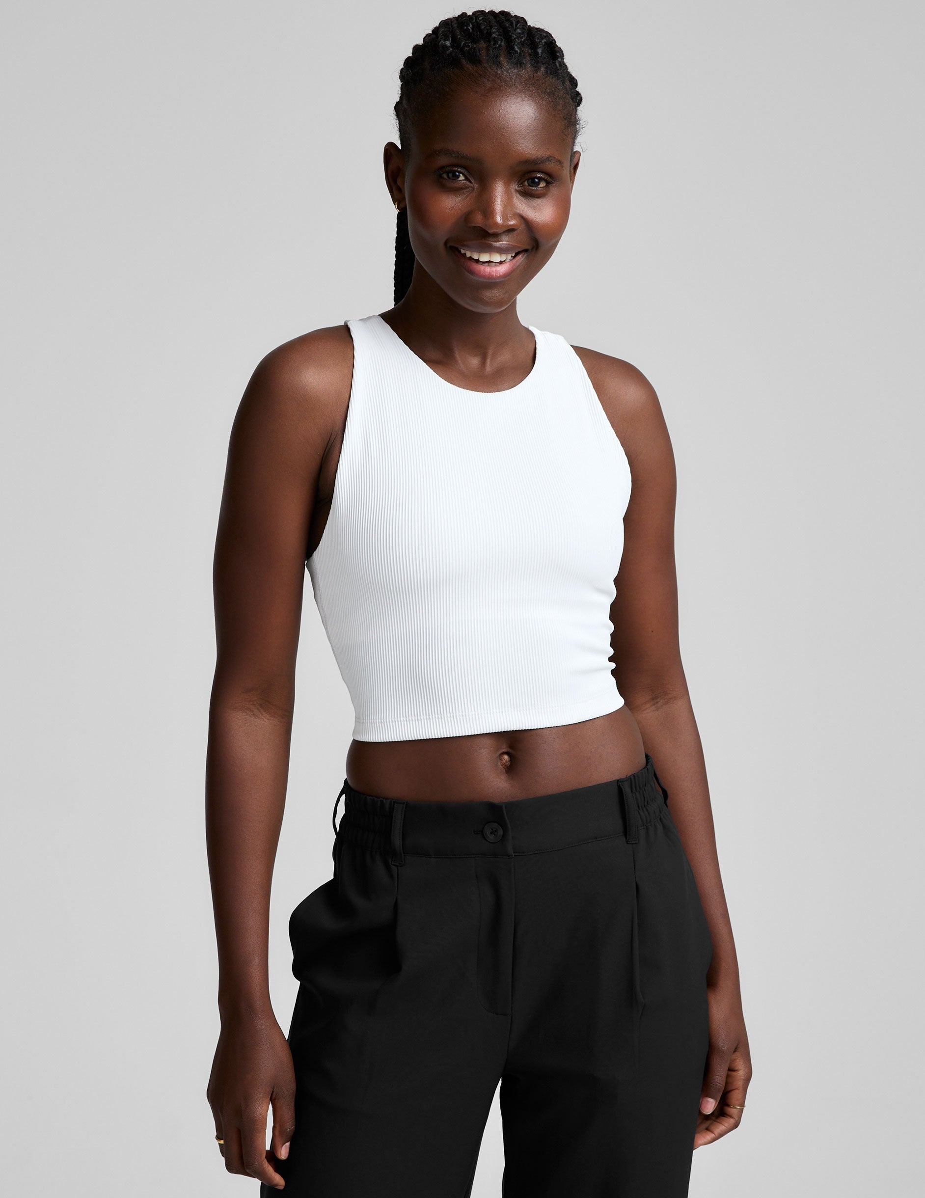 white high-neck ribbed cropped racerback tank.
