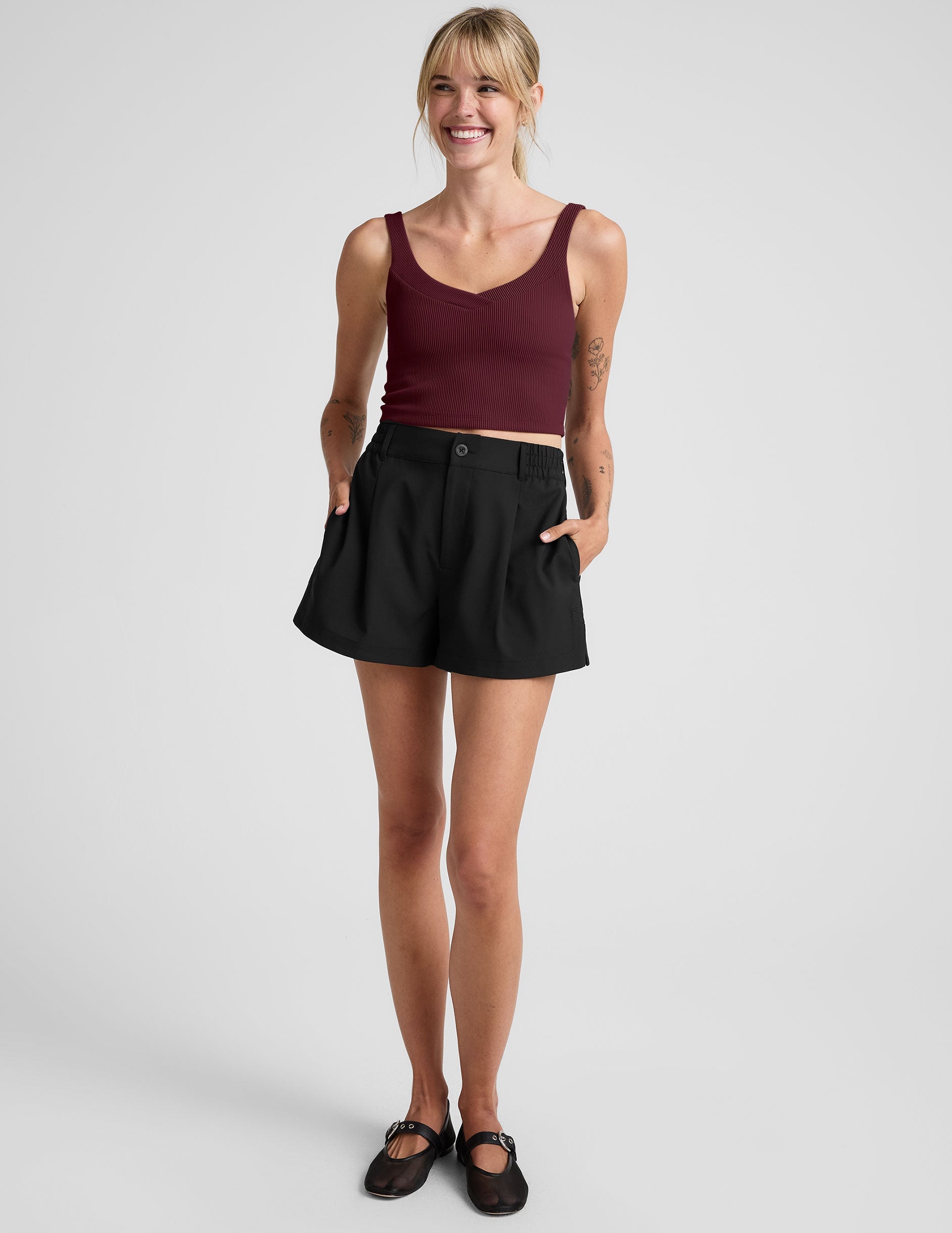 red cropped ribbed tank top with a soft v neckline.