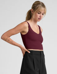 red cropped ribbed tank top with a soft v neckline.