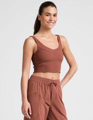 red ribbed cropped tank top with a soft front and back v neckline.