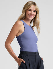 blue ribbed high-neck tank top.