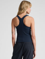 blue high-neck ribbed racerback tank top.
