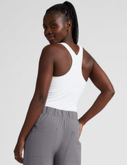 white high-neck ribbed racerback tank top.