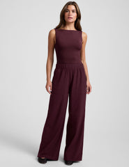 red boat neck tank top with a square back neckline.