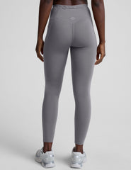 woman wearing gray high-waisted long length leggings on a plain background.
