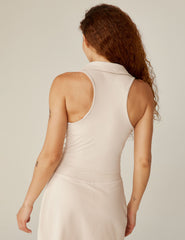 white heather rib v-neck cropped tank with a collar.