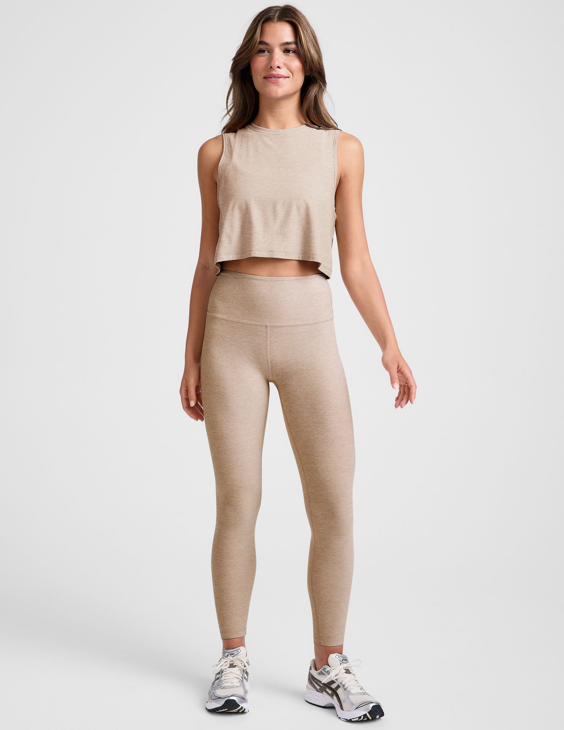 brown relaxed fit scoop neck cropped tank top.