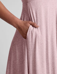 pink square neck midi dress with pockets.