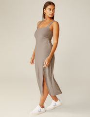 brown midi square neck dress with a front side slit.