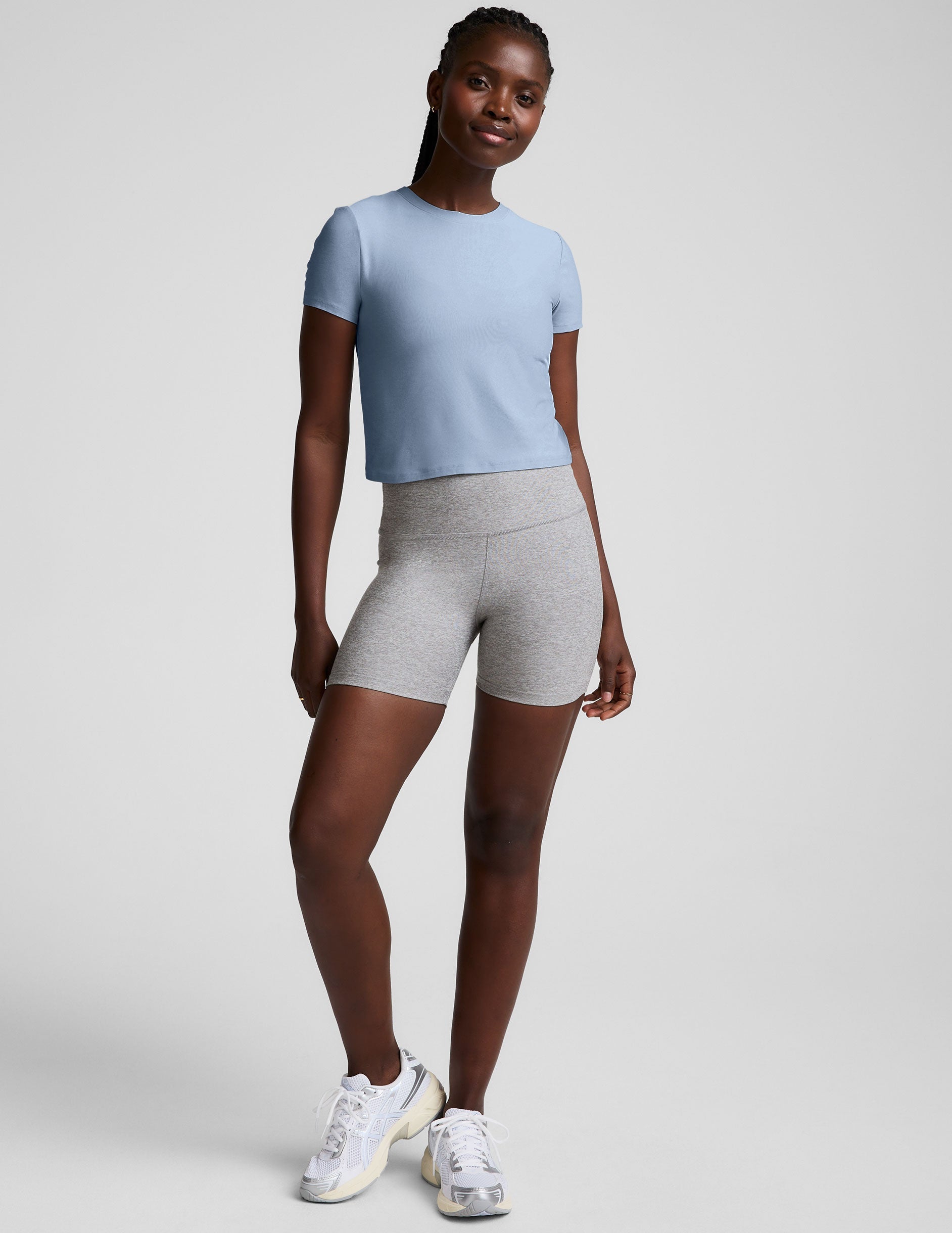 blue crew neck cropped top.