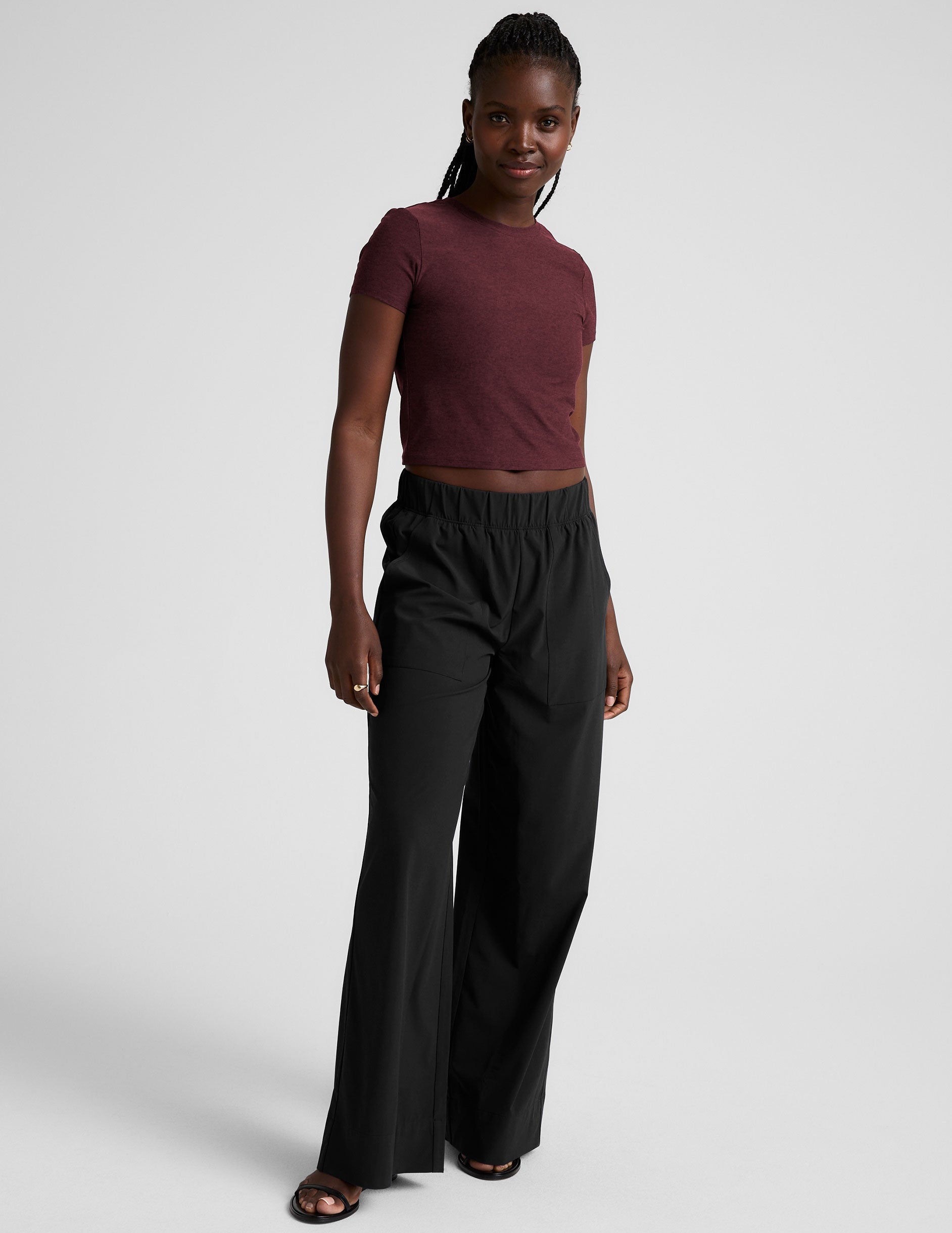 red lightweight cropped baby tee.