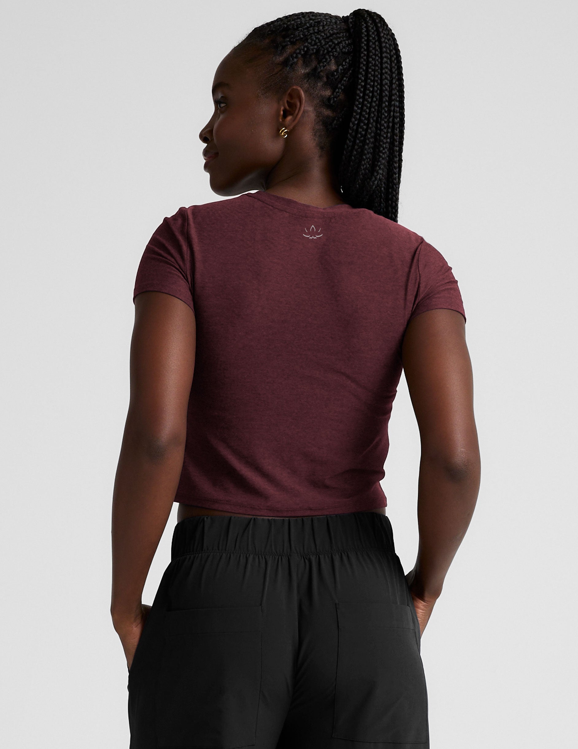red lightweight cropped baby tee.