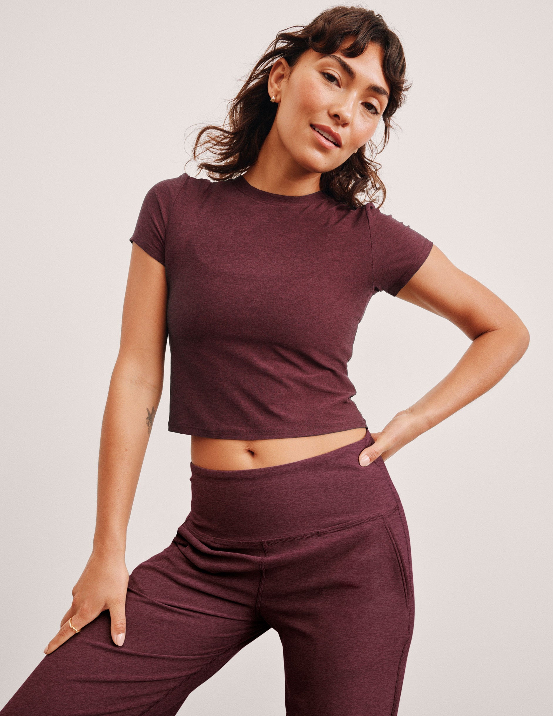 red lightweight cropped baby tee.