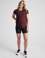 red short sleeve maternity crew neck top.