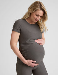 grey short sleeve maternity top.