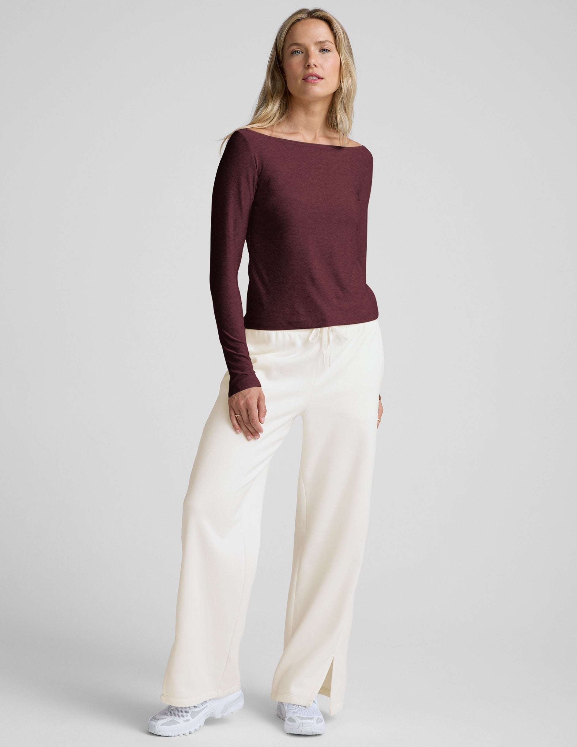 red boat neck long sleeve lightweight top.