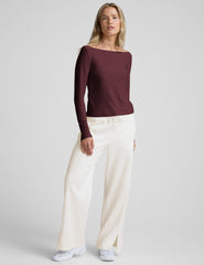 red boat neck long sleeve lightweight top.