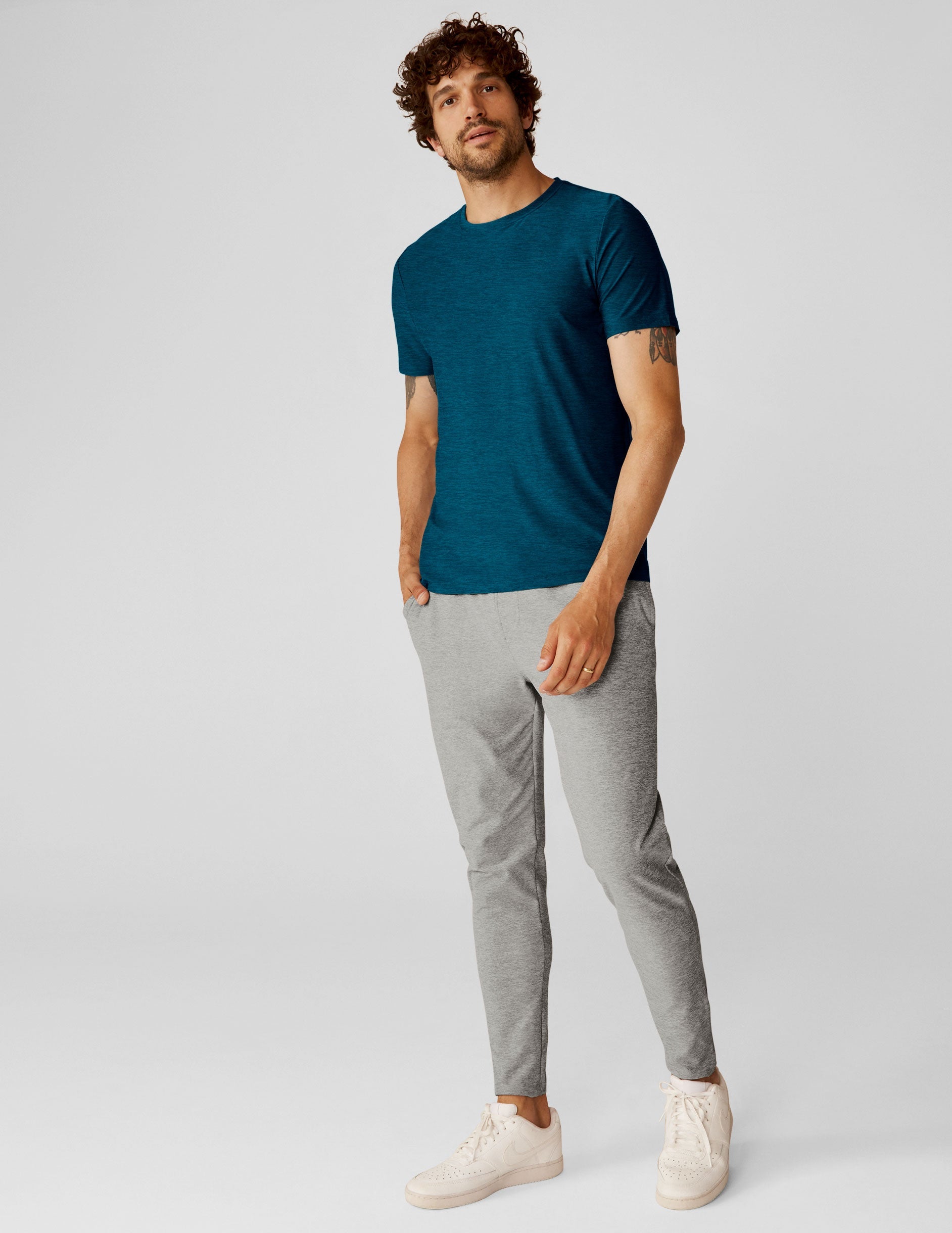 blue men's short sleeve top.