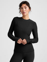 black crew neck long sleeve with thumb holes.