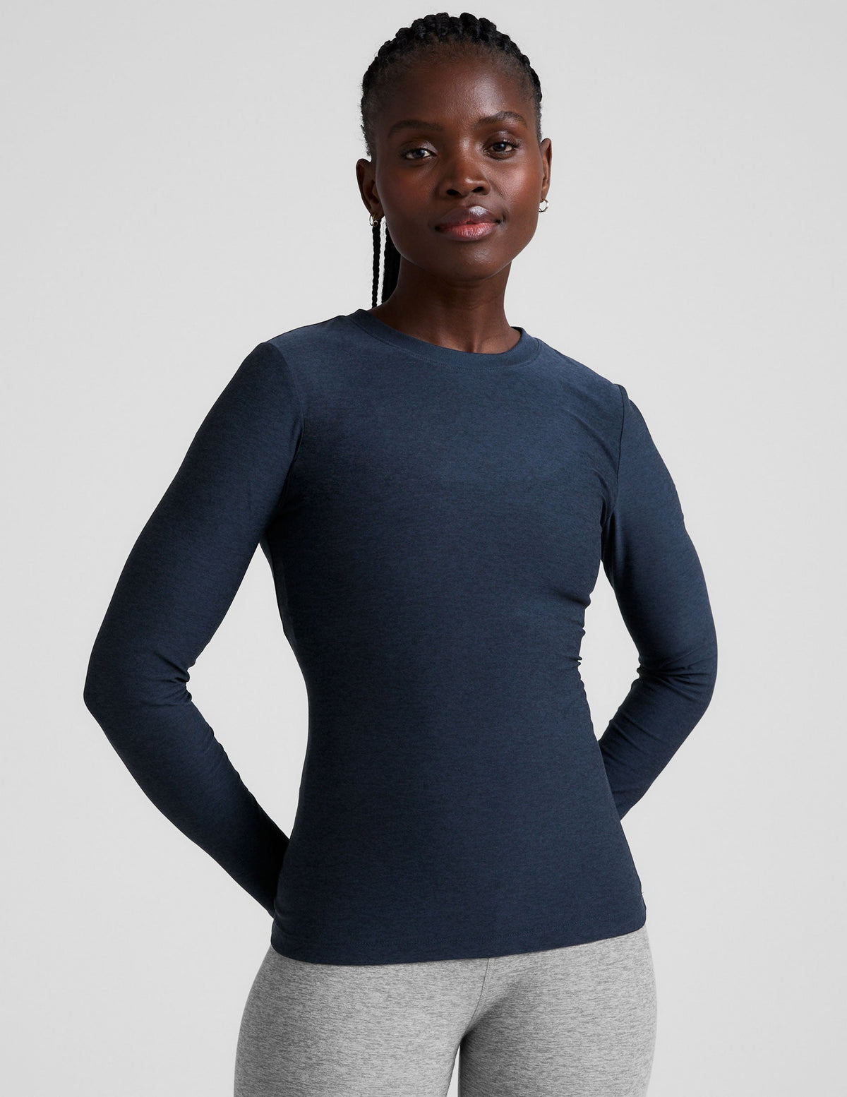 blue crew neck long sleeve with thumb holes.