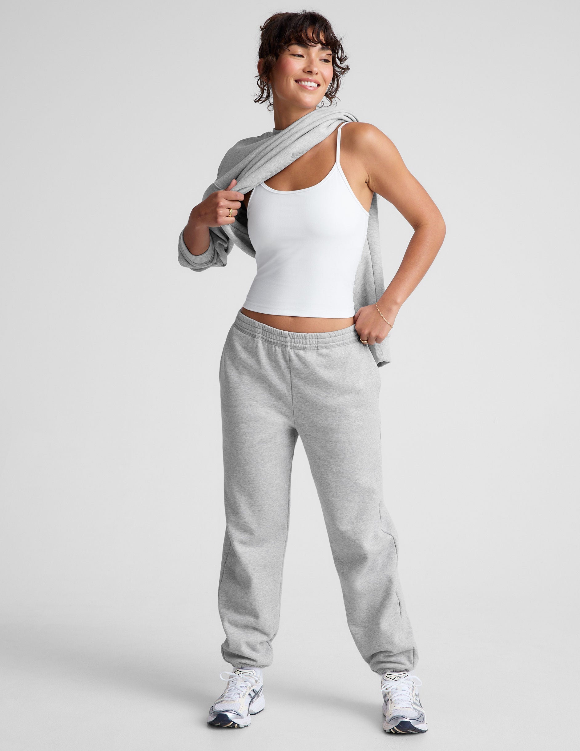 gray midi fleece joggers with pockets.