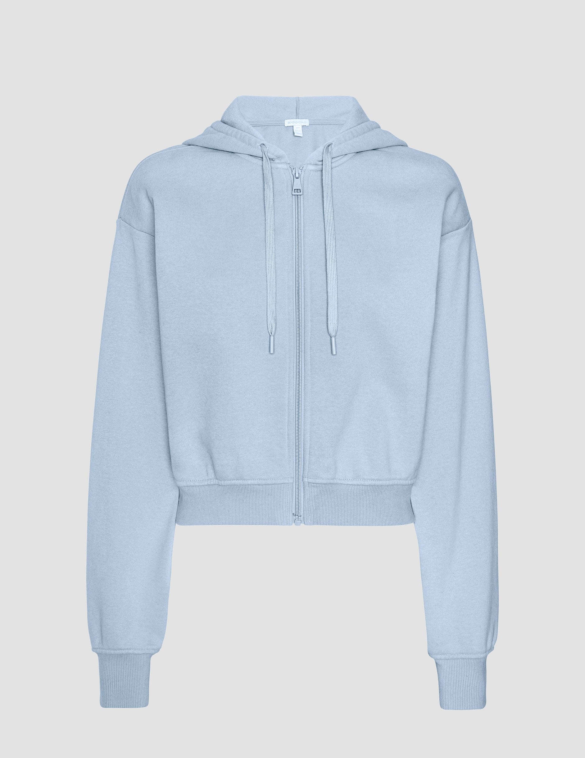 blue fleece zip-up jacket with a drawstring hood.