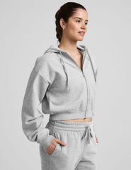 gray fleece zip-up jacket with a drawstring hood.