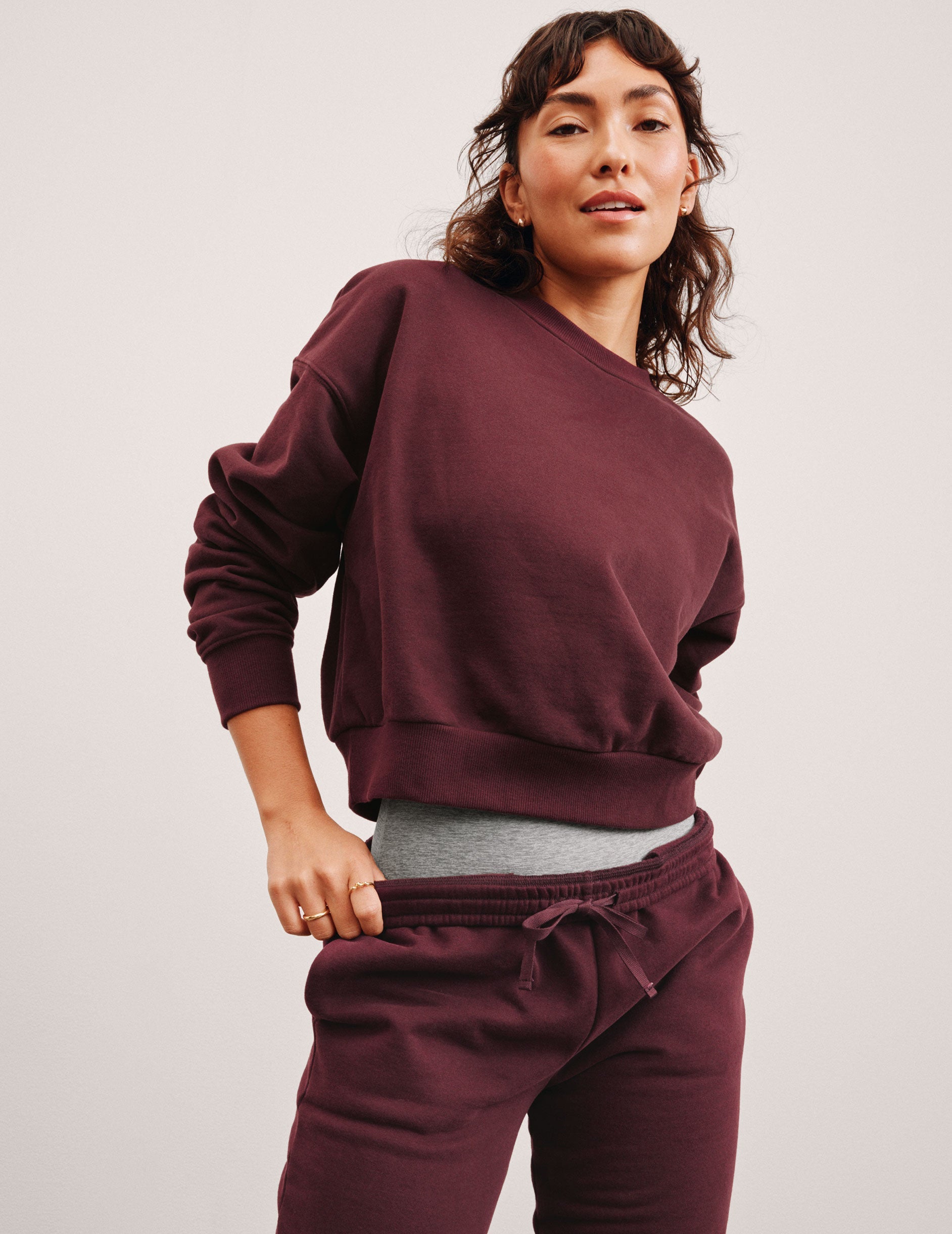red crewneck cropped sweatshirt.