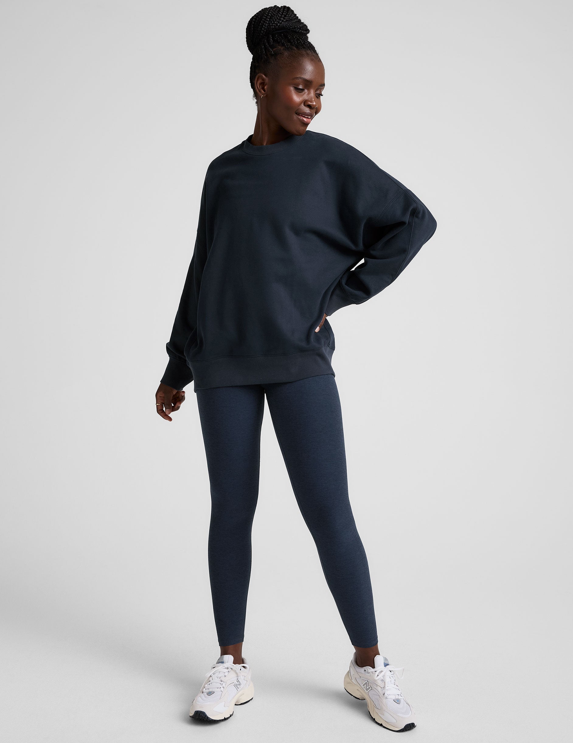 blue crew neck oversized fleece sweatshirt.