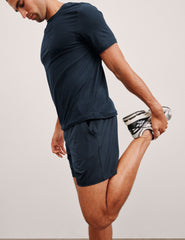 blue men's 5" lined shorts on a plain background. 