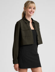 green cropped jacket with front chest cargo pockets and a collar at neckline.