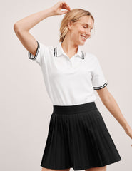 white fitted polo style short sleeve t-shirt with a stripe rib collar and cuff, front placket with buttons, and side slits. 