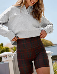 red plaid printed high-waisted 5" biker shorts. 