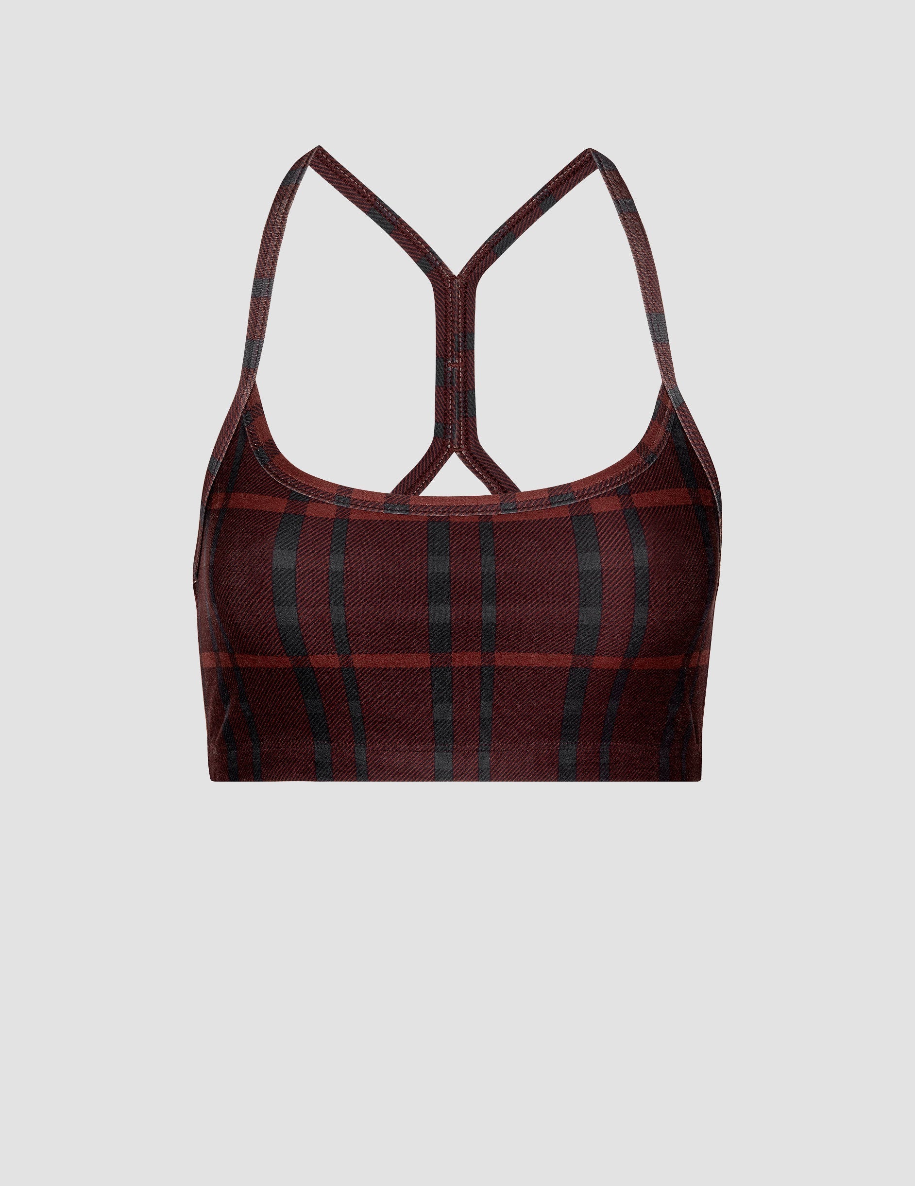 red racerback style bra with a plaid print and thin straps.