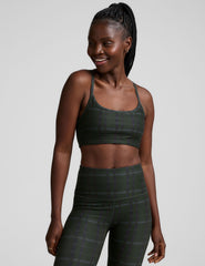 green plaid printed racerback style bra with thin straps.