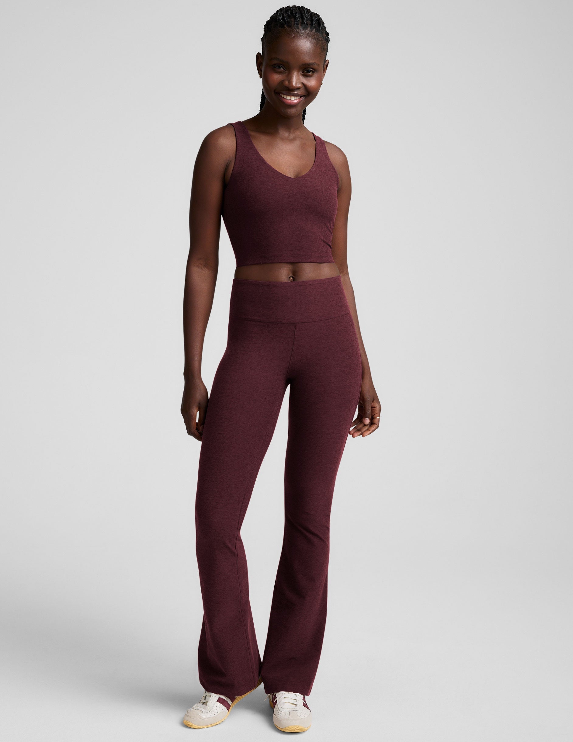 red mid-rise bootcut pant.