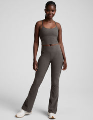 gray mid-rise bootcut pants.