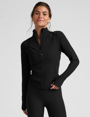 black zip-up mock neck jacket with pockets and thumbholes.