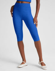 blue high-wasited legging with at a pedal pusher length, 14.25" inseam. 