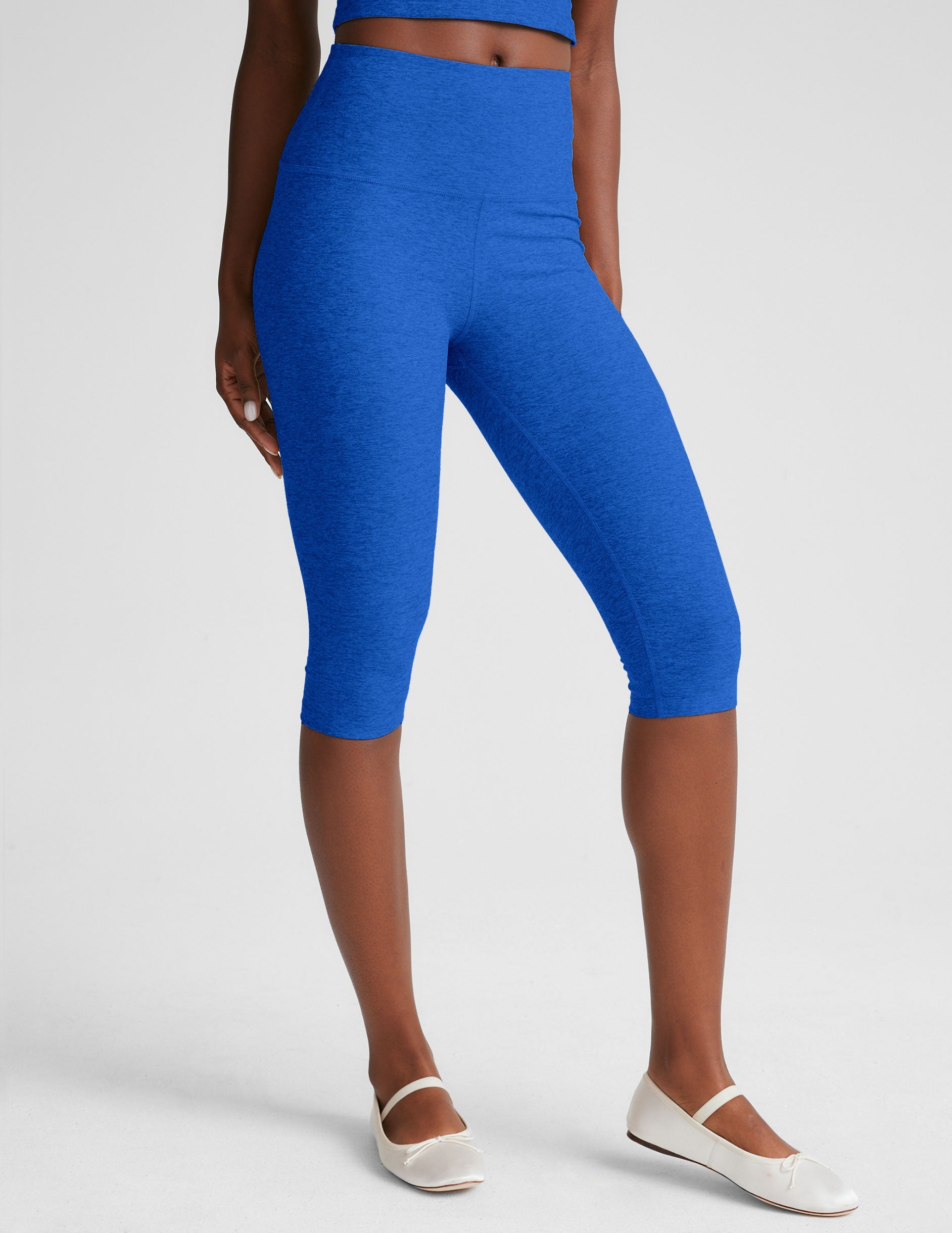 blue high-wasited legging with at a pedal pusher length, 14.25" inseam. 