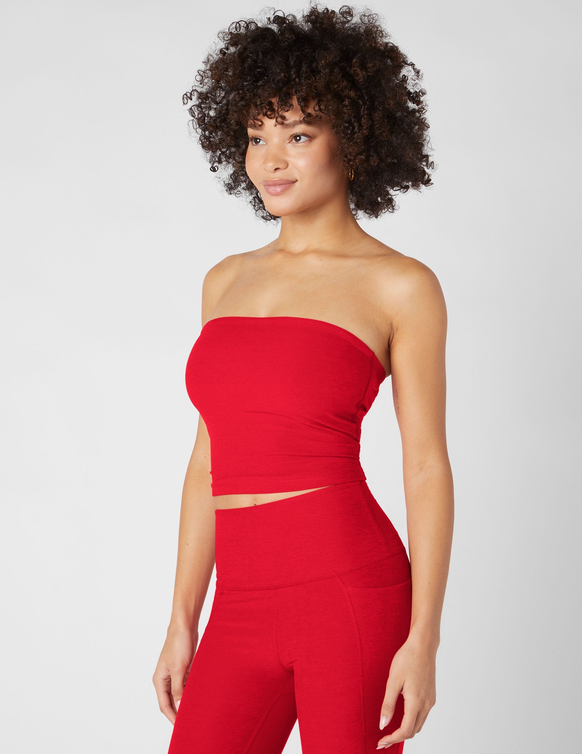 red strapless top