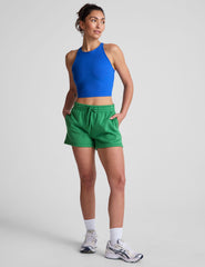 blue high-neck racerback cropped length tank top.