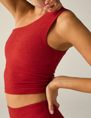 red one-shoulder cropped tank top with a cutout on back strap.