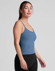 blue waist length spaghetti strap tank top.
