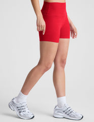 red high-waisted 3" length biker shorts. 