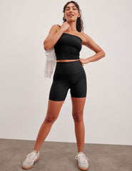 black high-waisted 5" inseam biker shorts. 