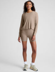 brown high-waisted 5" inseam biker shorts. 